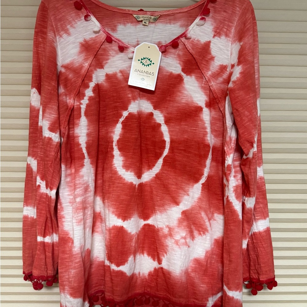Ananda Design Red and White Bell Sleeve Blouse